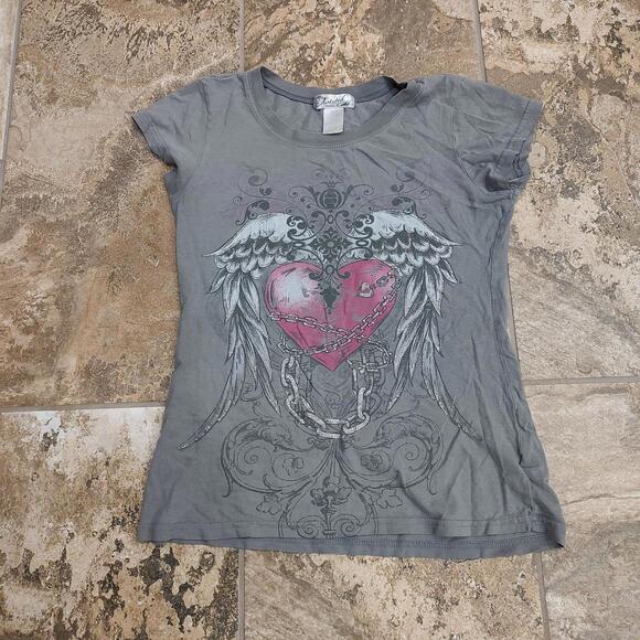 Cute y2k gray shirt with heart angel wings glitter chain print - Picture 1 of 3